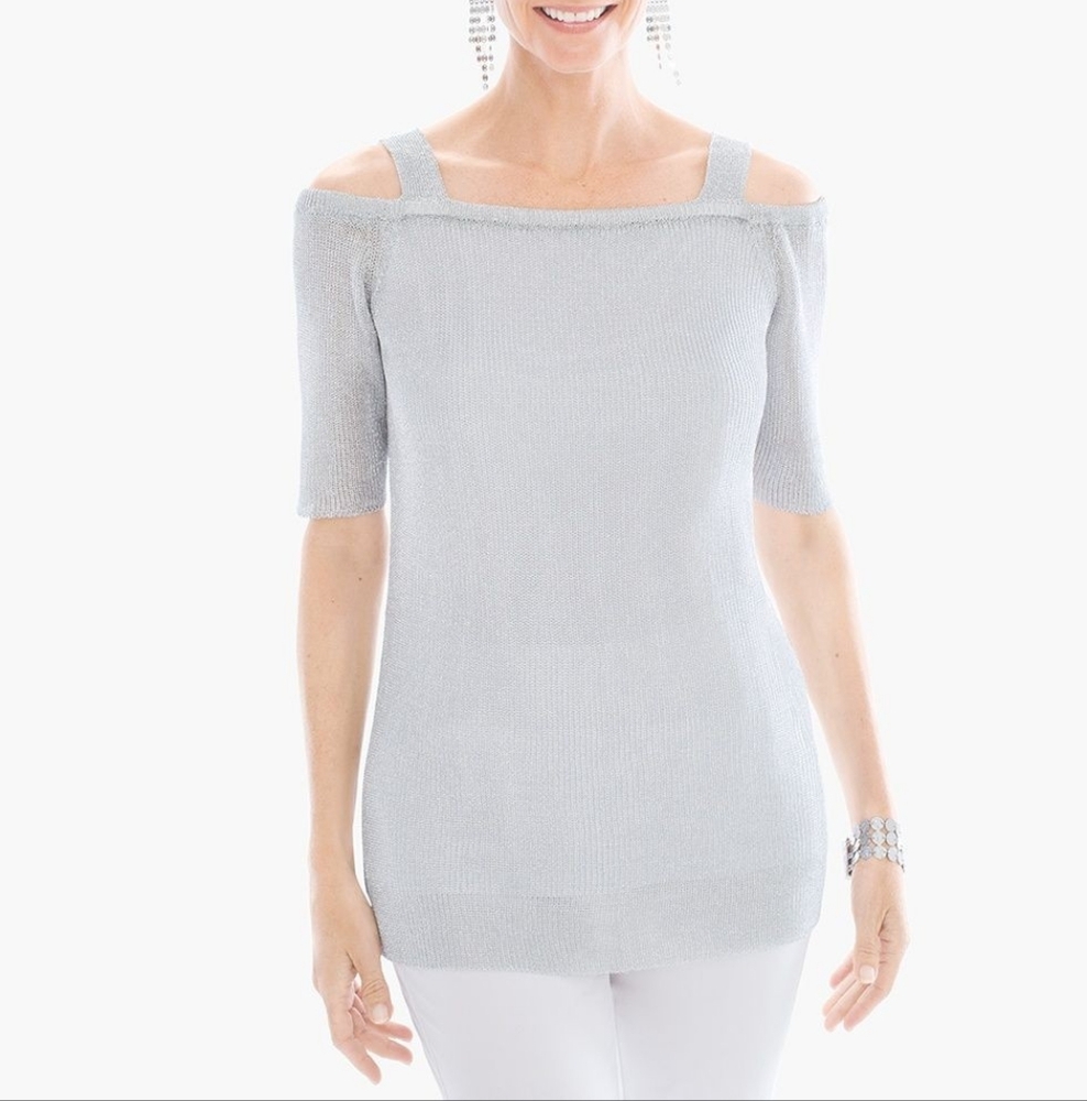 Chico's Travellers Collection Cold Shoulder Silver Top Size 0 S 4 6 Shimmer Mesh